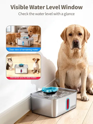Vista 6 de SIBAYS Fuente de agua grande para perros de 4 galones/15 L, fuente de agua para mascotas de acero inoxidable con ventana de nivel de agua y luz LED