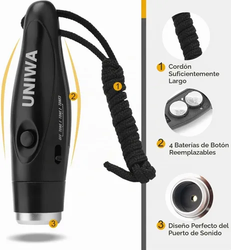 Vista 6 de UNIWA Silbatos electrónicos, 2 unidades de silbato de mano de 3 tonos de alto volumen con cordón para profesor, entrenador, árbitro, silbato