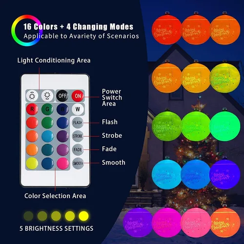 Vista 2 de Bola de Navidad inflable de cloruro de polivinilo iluminada, con luz LED de 24 pulgadas, decoración de Navidad al aire libre, bola inflable decorada