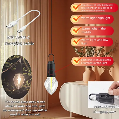 Vista 6 de Linterna LED portátil para campamento, gancho para colgar en cualquier lugar, recargable USB-C, 3 modos de brillo, resistente al agua