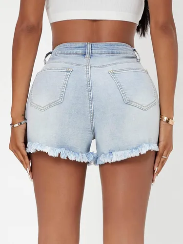 Vista 2 de Verdusa Pantalones cortos de mezclilla con cuentas de perlas de diamantes de imitación para mujer