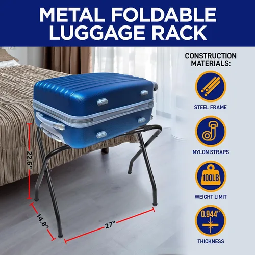 Vista 2 de Lifemaster Portaequipajes de metal – Paquete de 4 soportes plegables, fáciles de montar, ahorro de espacio y elegante marco de acero para maletas