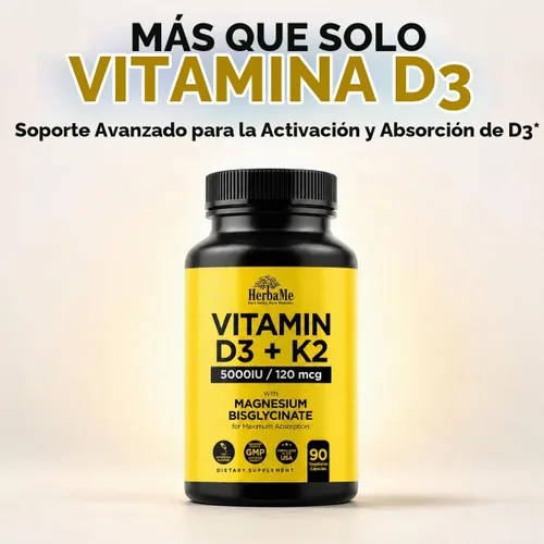 Vista 2 de HerbaMe Vitamina D3 5000 UI + K2 con fórmula de bisglicinato de magnesio