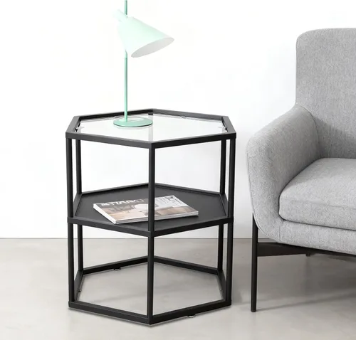 Vista 4 de Mesa auxiliar geométrica negra, mesa auxiliar de metal de 2 niveles con panel de vidrio, mesa auxiliar moderna y simple con estante