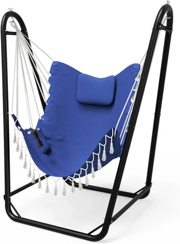 Vista 7 de Silla hamaca única en forma de U con soporte, resistente y resistente al óxido, silla hamaca de algodón gris gratis