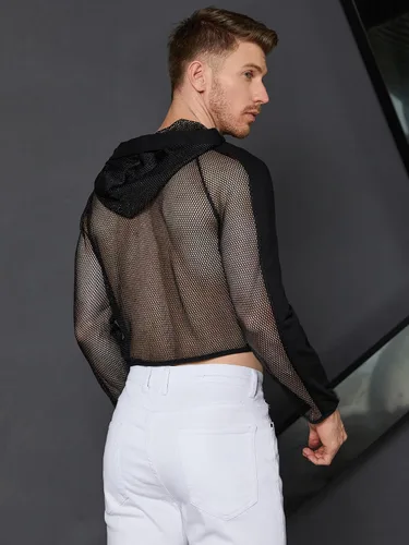 Vista 2 de WDIRARA Sudadera de manga larga con capucha y cremallera frontal de malla transparente para hombre
