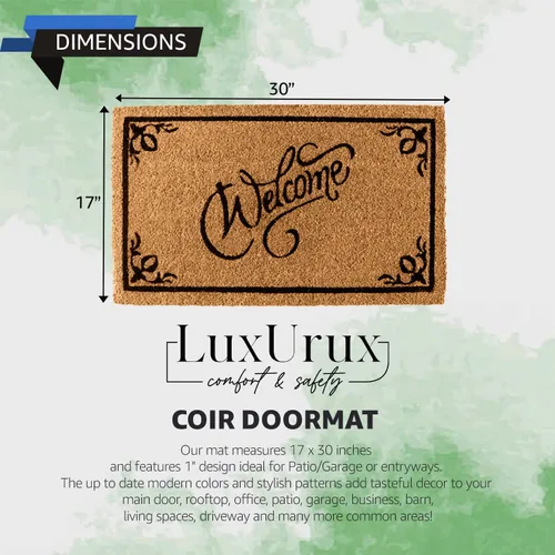Vista 2 de LuxUrux Alfombra de Fibra de Coco de Bienvenida - Respaldo Extra Resistente, 17'' x 30'' Alfombra Natural para Puerta - Fácil de Limpiar, Hermoso
