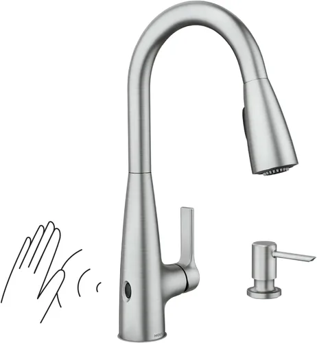 Vista 21 de Moen Haelyn - Grifo de cocina monocontrol con rociador extraíble cromado con potencia para una limpieza más rápida, dispensador de jabón incluido