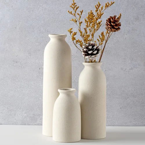 Vista 9 de CEMABT Juego de 3 jarrones de cerámica beige pequeños para decoración, decoración moderna boho de granja para el hogar, jarrón decorativo