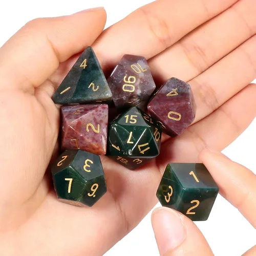 Vista 2 de mookaitedecor Juego de 7 dados poliédricos de cristal de ágata india, dados pulidos de piedras pulidas para juegos de mesa RPG MTG decoración