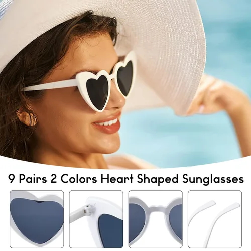Vista 3 de PLULON 9 pares de lentes de sol en forma de corazón con 9 piezas de satén para el pelo de despedida de soltera, gafas de sol de corazón a granel