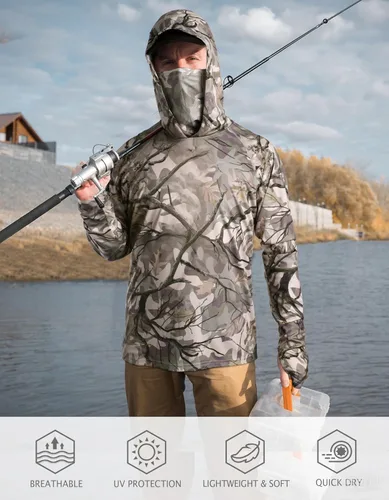 Vista 4 de FISHEAL - Camiseta de caza para hombre con máscara, con protección UPF 50+, de manga larga, con capucha y cordón ajustable de camuflaje