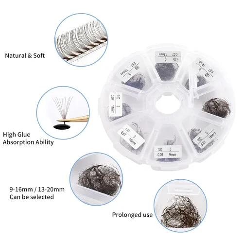 Vista 50 de Extensiones de pestañas de 1200 fans, prefabricadas, con volumen, 9-20mm, bandeja mixta, 20D, con punta en C, base puntiaguda, extensiones