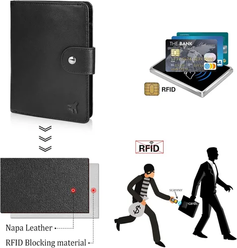 Vista 6 de Polare - Cartera de pasaporte de viaje plegable de cuero de grano completo para hombre, delgada con bloqueo RFID, Negro -, Slim