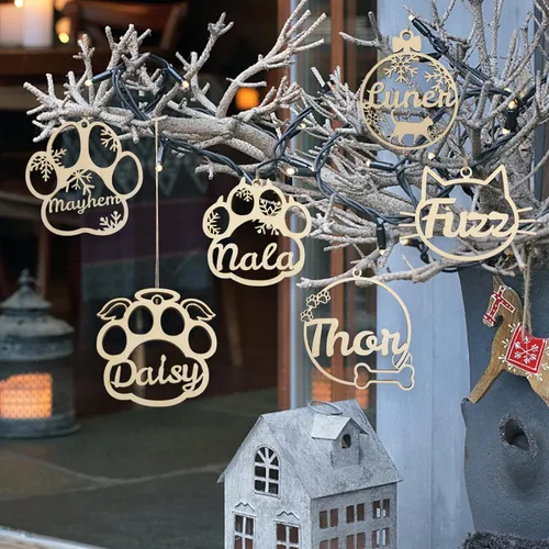 Vista 7 de Adorno personalizado de pata de perro y gato, adorno personalizado con nombre de mascota, adornos de madera personalizados para árbol de Navidad