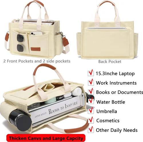 Vista 2 de Bolso de mano para mujer con compartimentos, bolso grande de lona para mujer, bolso cruzado de trabajo, portátil, bolsa de libros, bolsos de hombro
