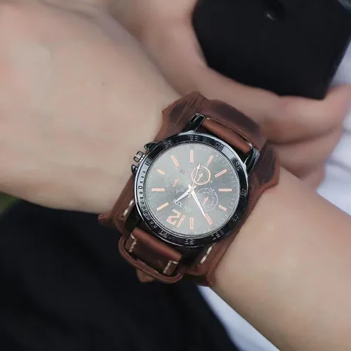Vista 6 de MINILUJIA Hecho a mano cosido con cuerda de cera para hombre, relojes vintage punk hiphop gótico ancho de cuero brazalete redondo de cuarzo reloj
