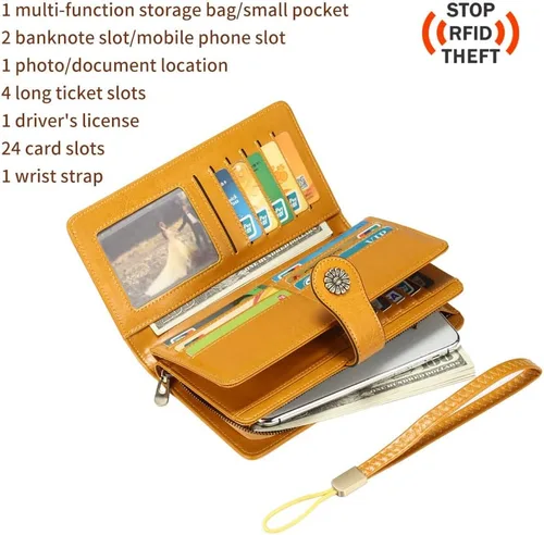 Vista 3 de CHANPINCL RFID - Carteras largas vintage para mujer seguras de gran capacidad de viaje con múltiples tarjetas Amarillo Clásico
