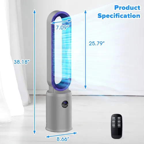 Vista 8 de Ventilador de torre sin aspas con control remoto, ventilador de refrigeración de circulación de aire para uso en interiores, 24 ajustes