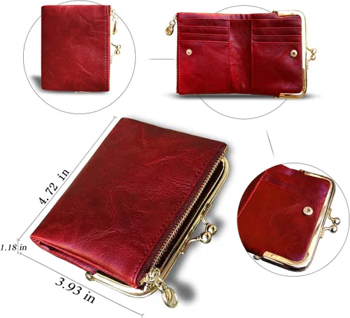 Vista 5 de PofeeXIO Billetera para mujer con RFID, pequeña, compacta, de piel, vintage, con cremallera y cierre de beso