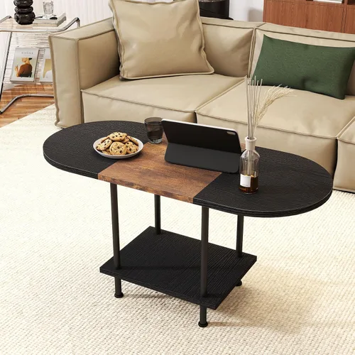 Vista 8 de Mesas de café, mesa central moderna con estante de almacenamiento, mesa de 2 niveles para sala de estar, diseño moderno de dos tonos (negro mezclado)