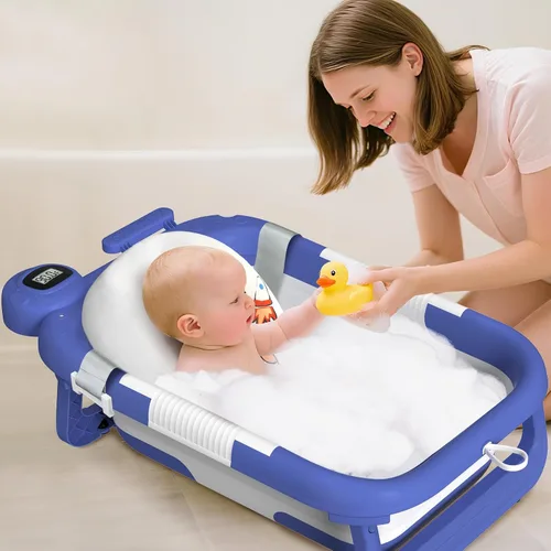 Vista 7 de Bañera plegable para recién nacidos a niños pequeños (0-24 meses), bañera portátil para bebés para viajes, bañera plegable con cojín suave y de Azul