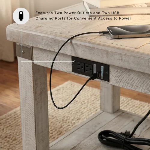 Vista 4 de Signature Design by Ashley Carynhurst Farmhouse - Mesa auxiliar rectangular con estante inferior, 2 tomas eléctricas y 2 puertos USB, madera, 24