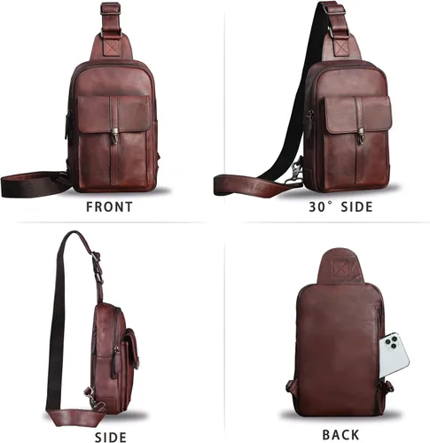 Vista 4 de IVTG Bolso bandolera de cuero genuino para hombres y mujeres vintage de piel de vaca real mochila bandolera bolsa de pecho, Café, Mochilas Sling