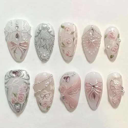 Vista 39 de 24 piezas de uñas postizas de punta francesa a presión, uñas postizas medianas en forma de almendra con diseño de ondas azul oscuro, uñas postizas