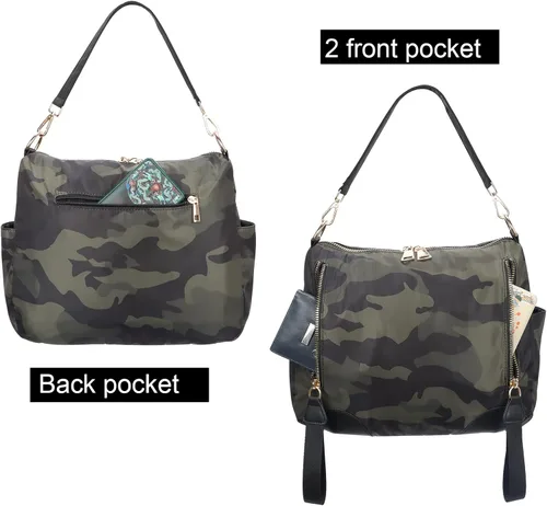 Vista 6 de PAKFIEKS Bolso cruzado de nailon impermeable para mujer, bolso de mano de camuflaje de gran capacidad, antirrobo, ligero, bolso de hombro de viaje