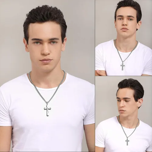 Vista 6 de WW Lifetime - Collar de cruz para hombres y niños, collar con colgante de cruz doble de acero inoxidable con cadena de eslabones cubanos de 24
