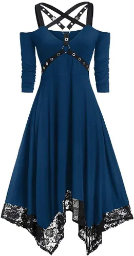 Vista 2 de ZEFOTIM Disfraz medieval para mujer, hombros descubiertos, mangas de murciélago, corsé con volantes, vestido de tubo gótico Cosplay 716