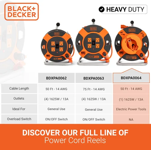 Vista 4 de BLACK+DECKER - Carrete de cable de extensión retráctil inversa de 50 pies Cable SJTW de 14 AWG, mango de rebobinado resistente, ideal