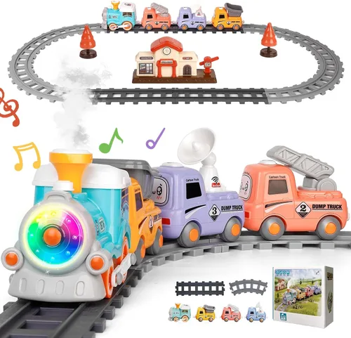 Vista 7 de Juguete de Tren Eléctrico para Niños Pequeños de 1 a 3 años, Locomotora de Vapor, Camión de Choque y Va, Figura de Personas con Humo, Luces