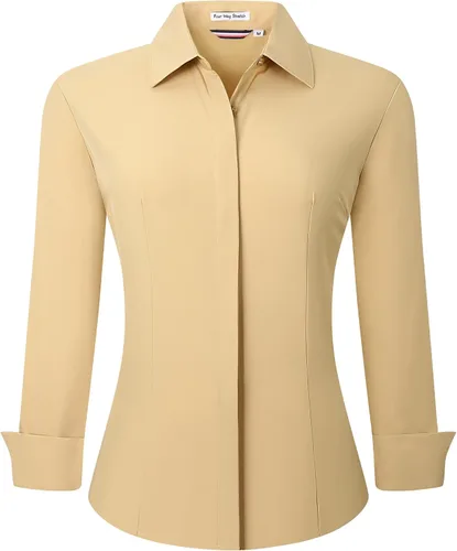 Vista 25 de Alex Vando Camisas de vestir para mujer, sin arrugas, ajuste regular, manga larga, elástica, camisa de trabajo