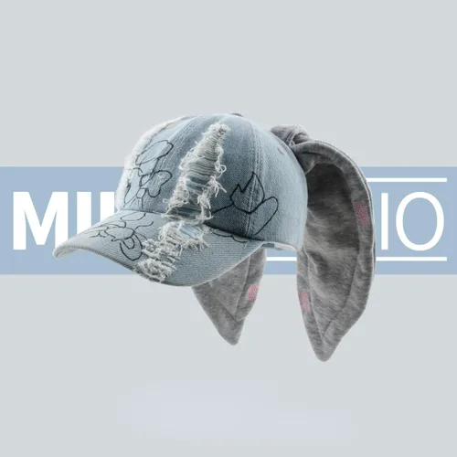 Vista 3 de Y2k - Gorros de mezclilla con orejas de conejo, trajes de Kpop para mujer, gorra de béisbol de hip-hop, gorras grunge para niñas