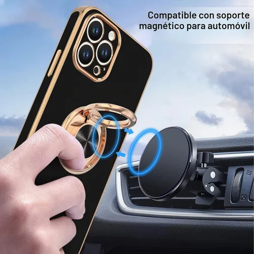 Vista 5 de Hython - Funda para iPhone 14 Pro con soporte de anillo [soporte magnético de anillo giratorio de 360°] [soporte para montaje en coche] Borde dorado