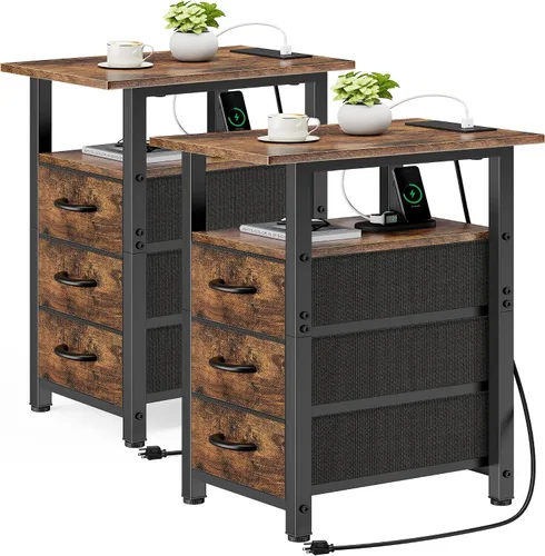 Vista 21 de Vagusicc Mesita de noche negra con estación de carga y luces LED, mesa auxiliar estrecha, mesita de noche LED con 3 cajones de tela para dormitorio