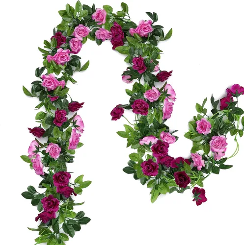 Vista 8 de Floweroyal Paquete de 2 guirnaldas de flores artificiales de 15.8 pies, flores de seda falsas de hiedra rosa para colgar en el arco de boda, fiesta