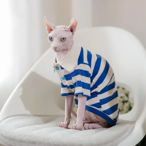 Vista 3 de Sphynx - Camiseta polo de algodón sin pelo con mangas para gato Polo Azul Blanco