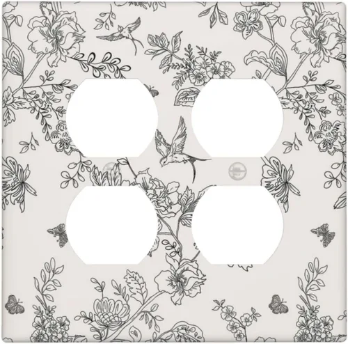 Vista 110 de Cubierta de tomacorriente eléctrico dúplex individual estilo campestre con diseño floral de flores y pájaros en blanco y negro, placa de pared de 1