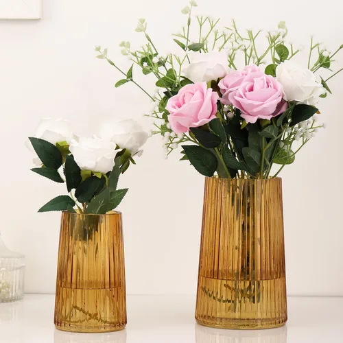 Vista 18 de Jarrón de vidrio ámbar para flores, florero para ramo, jarrones de vidrio modernos, jarrones acanalados para sala de estar, dormitorio, mesa