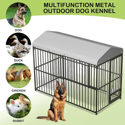 Vista 2 de GarveeTech Jaula para perros de 8 x 4 x 6 pies, jaula de metal resistente con cubierta superior impermeable, cuenco de alimentación giratorio