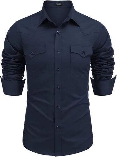 Vista 9 de COOFANDY Camisa vaquera de manga larga para hombre, de algodón, con botones, estilo casual, con bolsillos 01-Negro