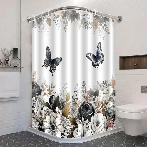 Vista 3 de Cortina de ducha floral negra y blanca, cortinas de ducha de flores y mariposas para baño, cortinas de baño de tela impermeable con hojas florales