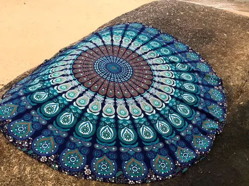 Vista 8 de raajsee Tapiz de Playa Redondo Turquesa Hippie/Boho Manta de Playa Mandala/Manta de Algodón Indio - Mantel Redondo/Decoración del Hogar/Alfombra