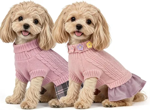 Vista 24 de WOYYHO Vestido de suéter para perro pequeño con corbatín, ropa de perro de Rosa polvoriento