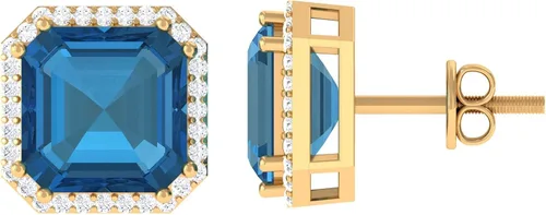 Vista 8 de Pendientes de tuerca con topacio azul Londres de corte Asscher certificados con halo de diamantes 6.50 Cttw Calidad AAA