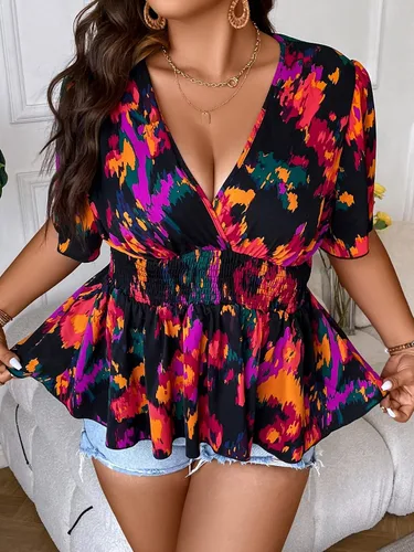 Vista 5 de SOLY HUX Women's Plus Size Allover Print Blouse Short Sleeve V Neck Wrap Shirred Peplum Ruffle Hem Top