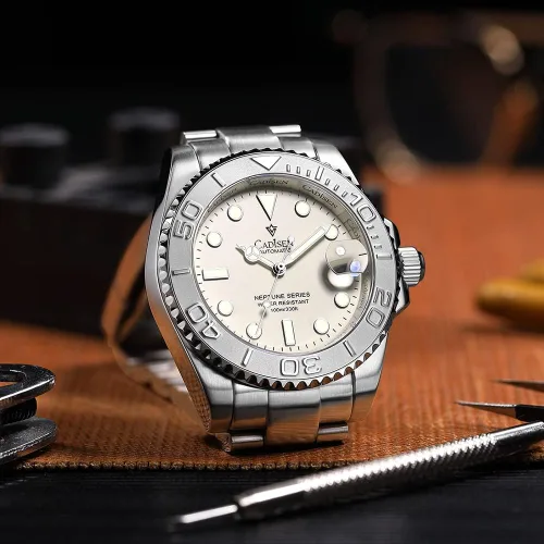 Vista 5 de CADISEN Reloj mecánico automático para hombre, reloj casual para hombre, correa de cuero, impermeable, zafiro